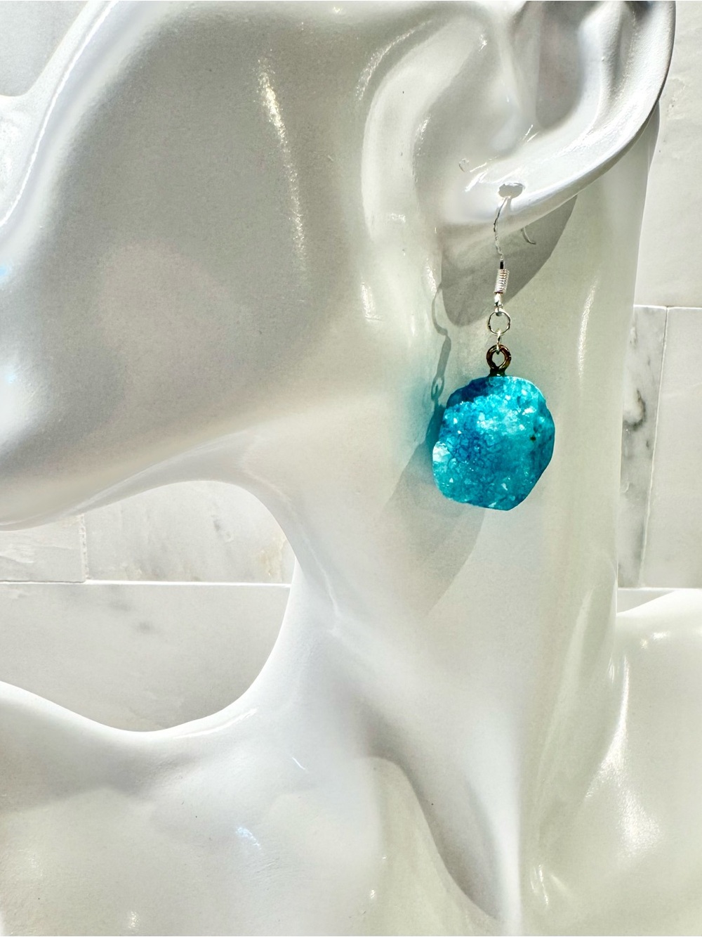 New Mini Natural Aqua Blue Druzy Crystal Geode Silver Dangle Earrings